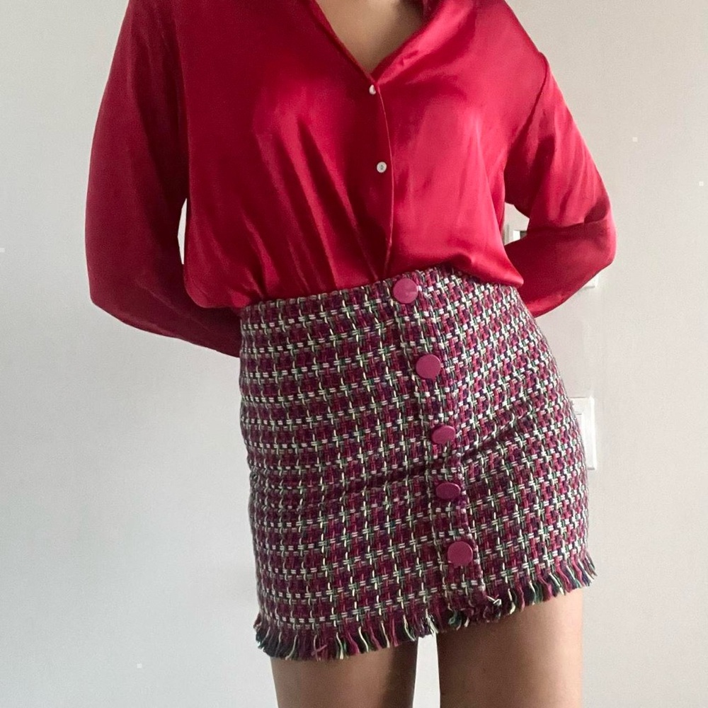 Zara | Pink tweed high waist mini pencil skirt buttons fringe trim | Size S